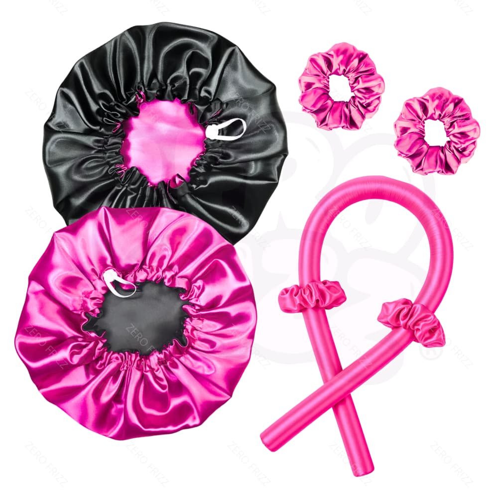 kit cetim touca cetim dupla face ajustável + modelador curling rod + scrunchies