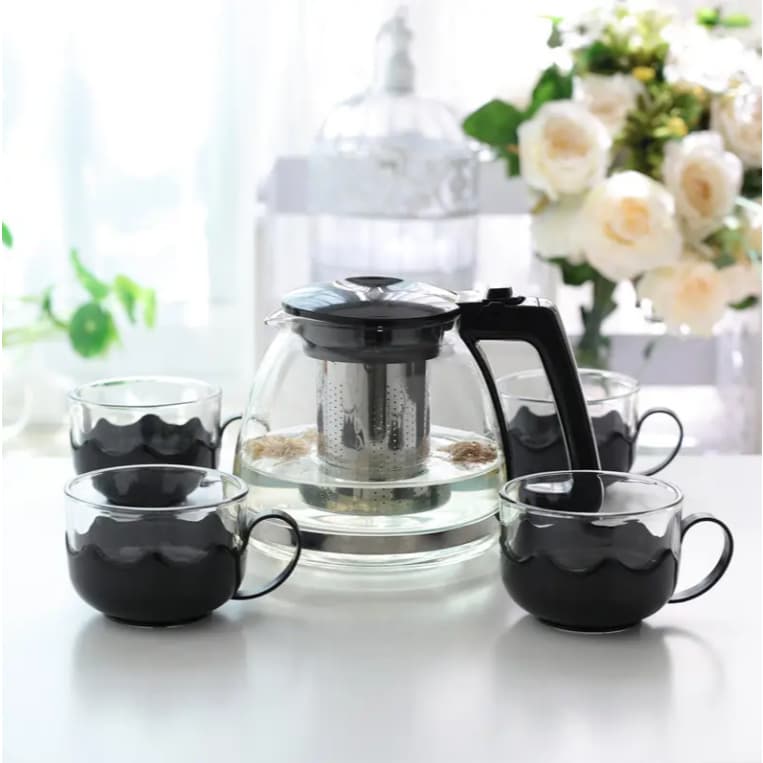 Conjunto De Jarra 1,1L Com Infusor E Xícaras 150mL Para Chá 5 Peças Vidro e Plastico