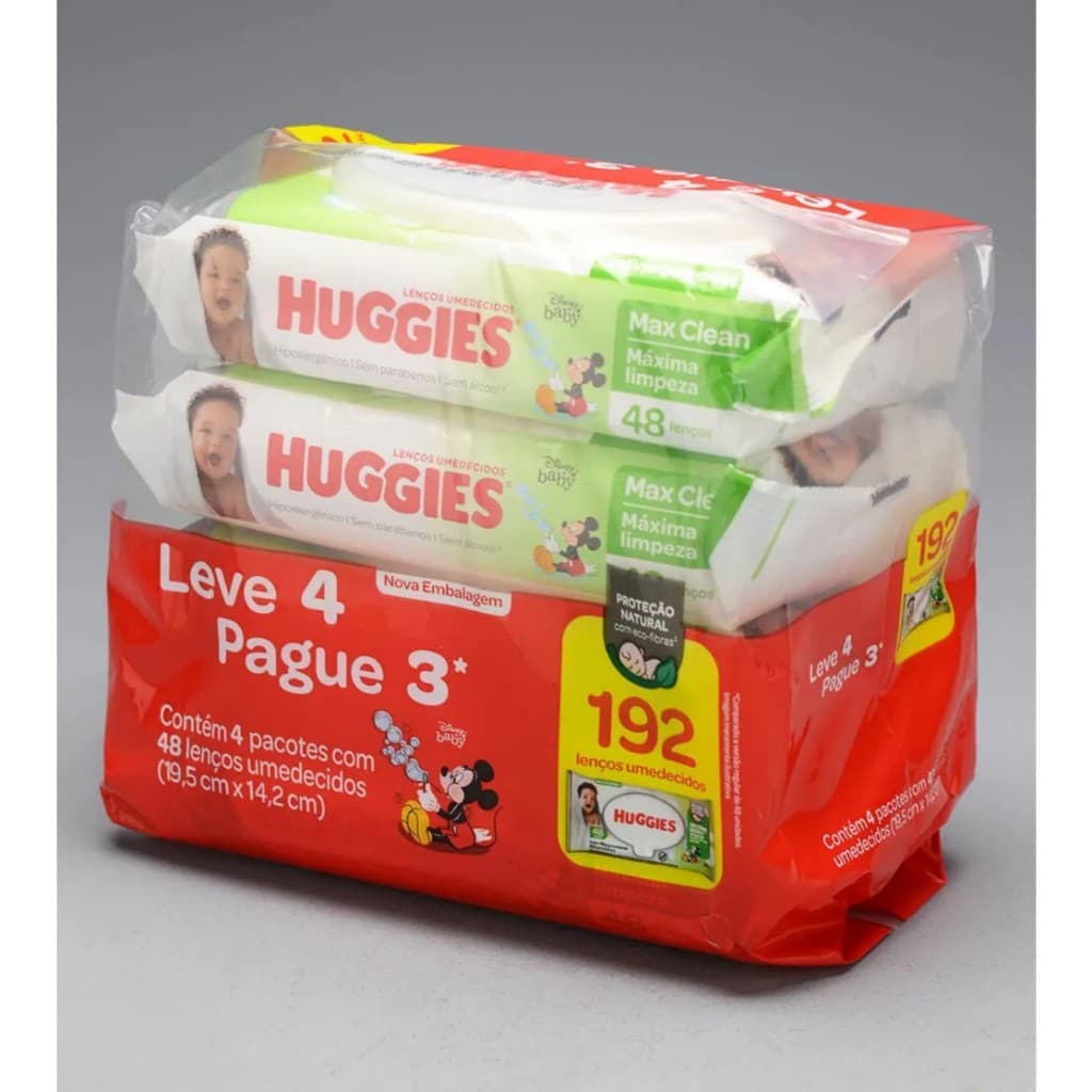 HUGGIES Kit Lenços Umedecidos Huggies Max Clean 4 com 48 un  ou 2 com 92 un (TOTAL192 UNIDADES)