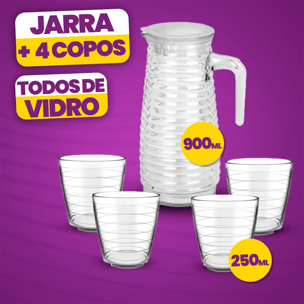 Kit Jarra 900ml com 4 Copos 250ml | Conjunto para Suco, Água ou Drinks – Ideal para Casa e Presentes
