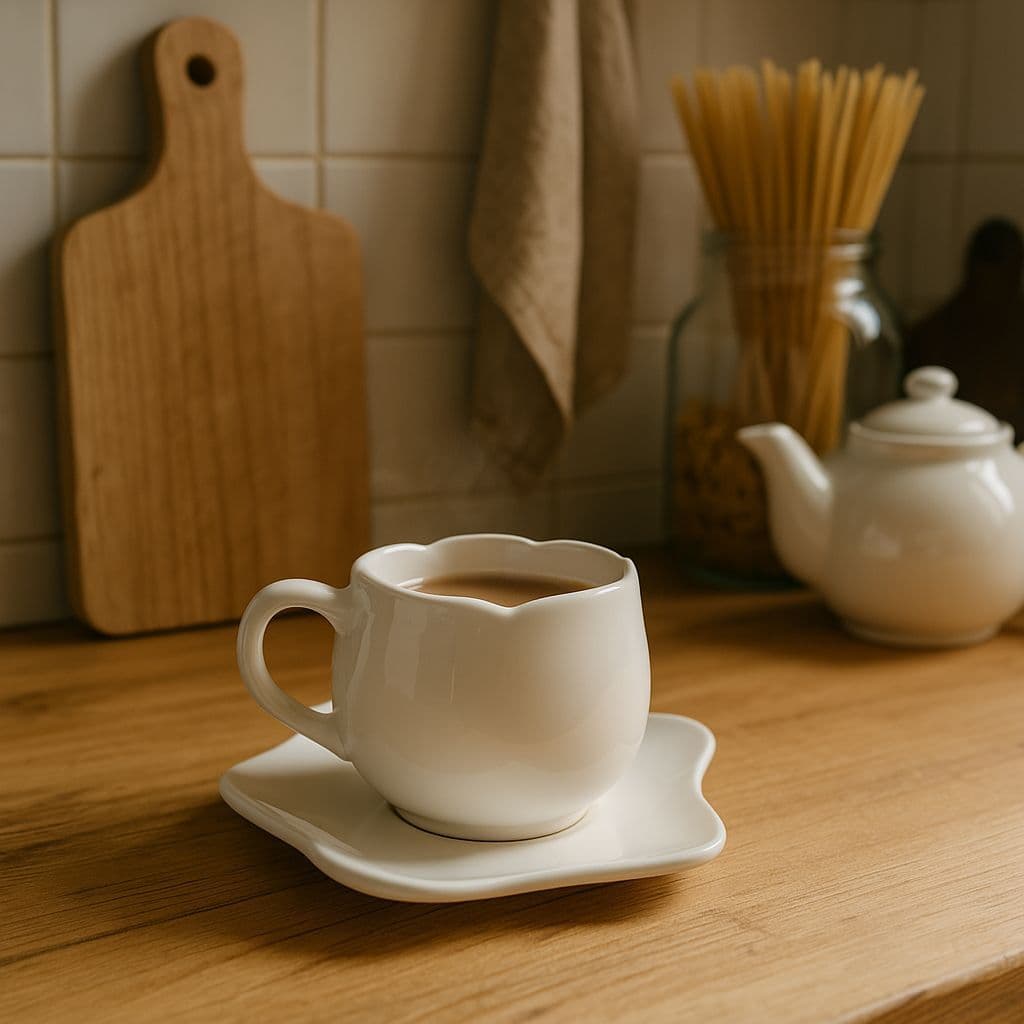 Kit  6 Xícaras Chá 200 ML Tulipa Pires Café Leite Cozinha Branco  Decoração Sofisticação Delicado