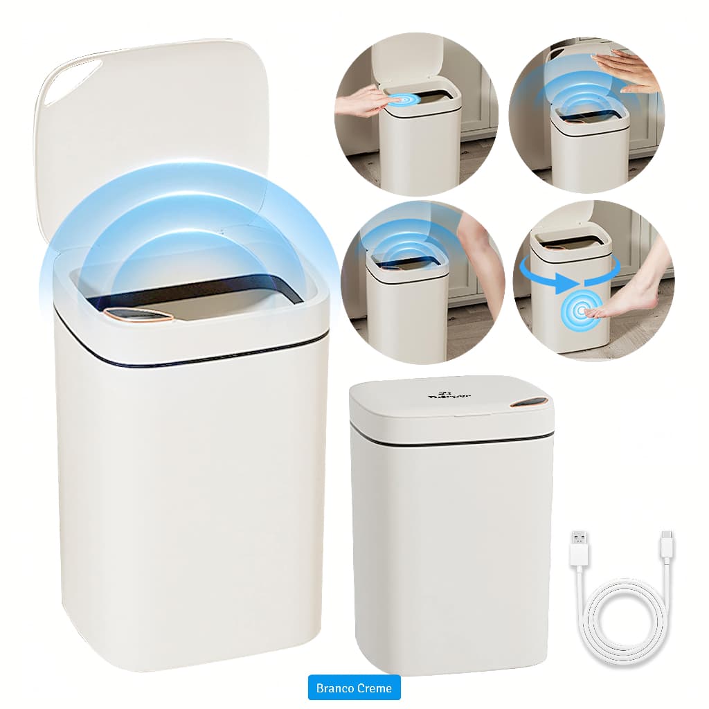 Lixeira Inteligente 12 14 16 Litros USB com Sensor Automático 3 Funções Banheiro Cozinha Escritório