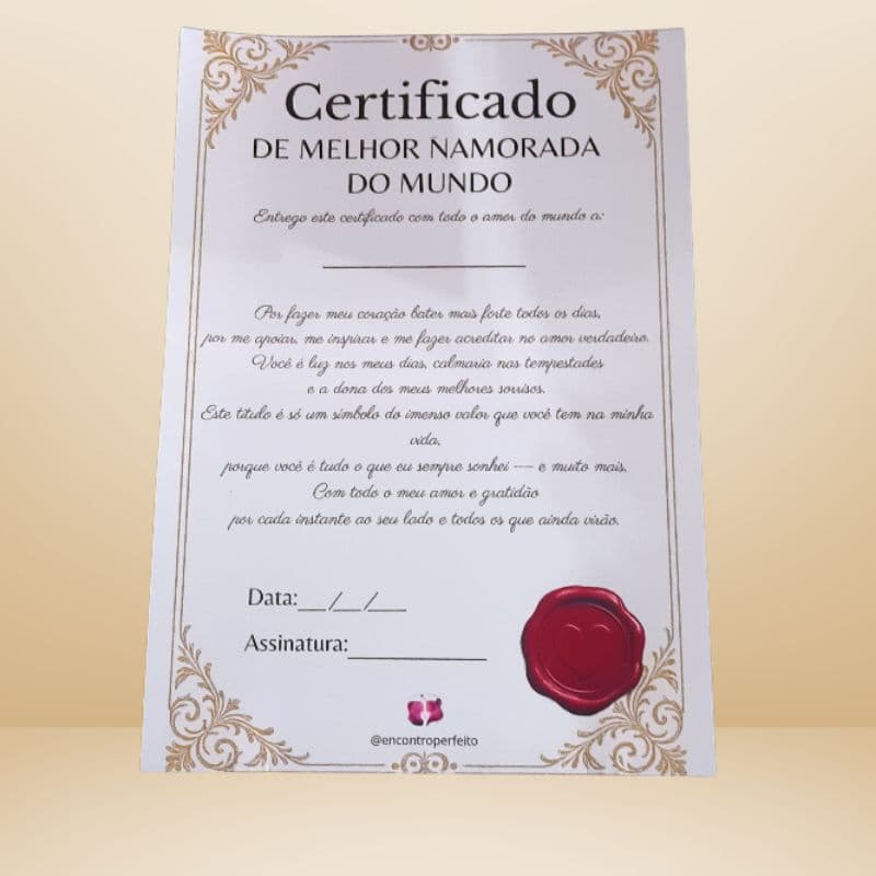 Certificado de Melhor Namorada (o) do mundo - Presente Romântico e Personalizado