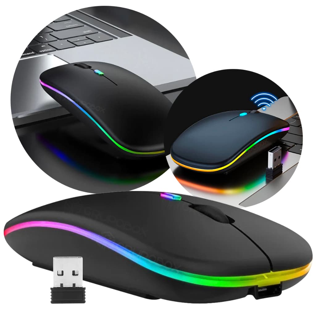 Mouse Sem Fio Bluetooth USB Wireless 2.4Ghz Led RGB Recarregável Silêncioso Ergonômico
