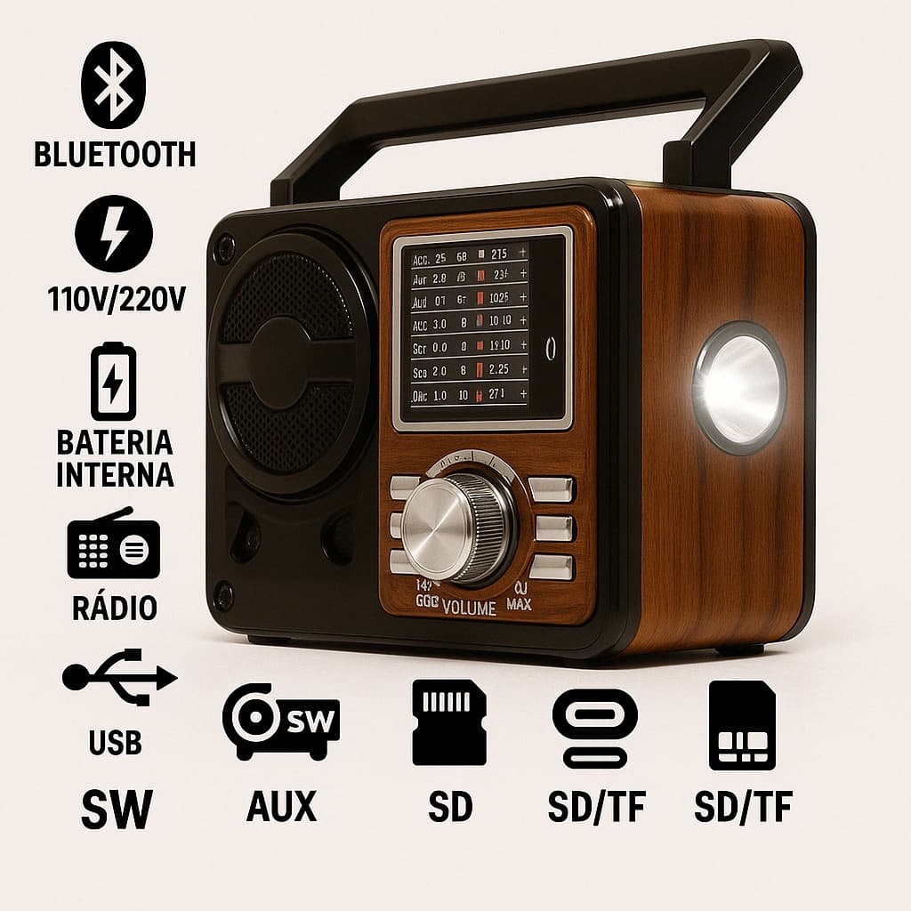 Caixa De Som Radio Retro Vintage Com Pilha Recarregavel Portatil Bluetooth USB FM Lanterna Caxinha