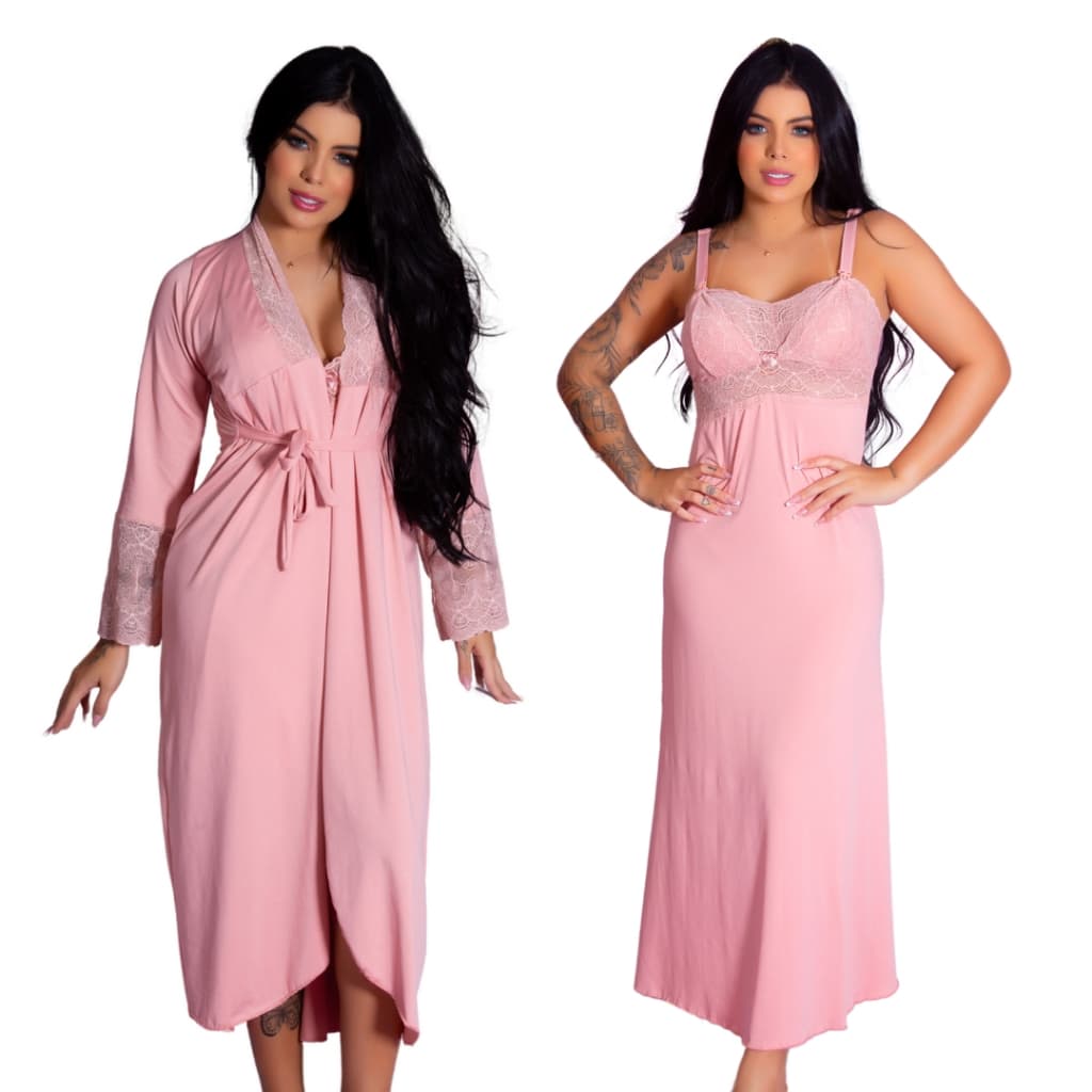 Kit Robe Roupão e Camisola Amamentação Longos Maternidade Gestante Recorte Lateral