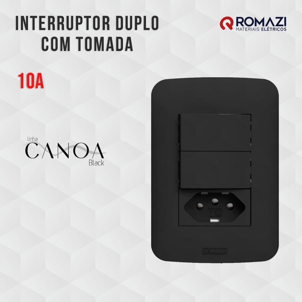INTERRUPTOR DUPLO + TOMADA 10A CANOA BLACK