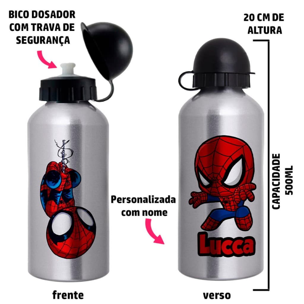 Garrafa Squeeze de alumínio Homem Aranha Cute - Personalizada com nome