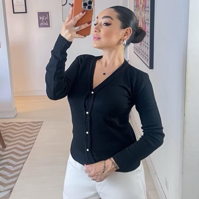 Casaco Tricot Lisa Com Botões Elastano