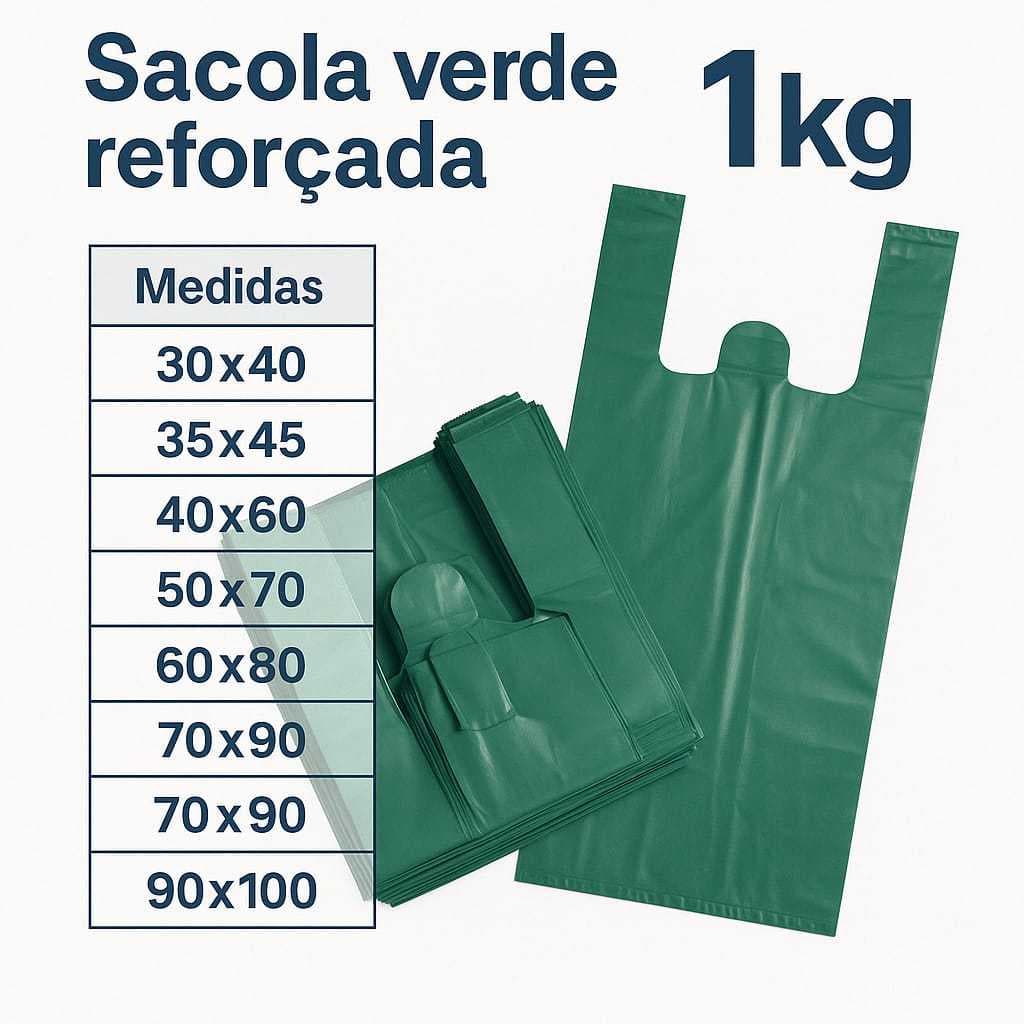 SACOLA PLASTICA REFORÇADA, RESISTENTE E MAIS GROSSA 1KG -  VERDE VARIOS TAMANHOS