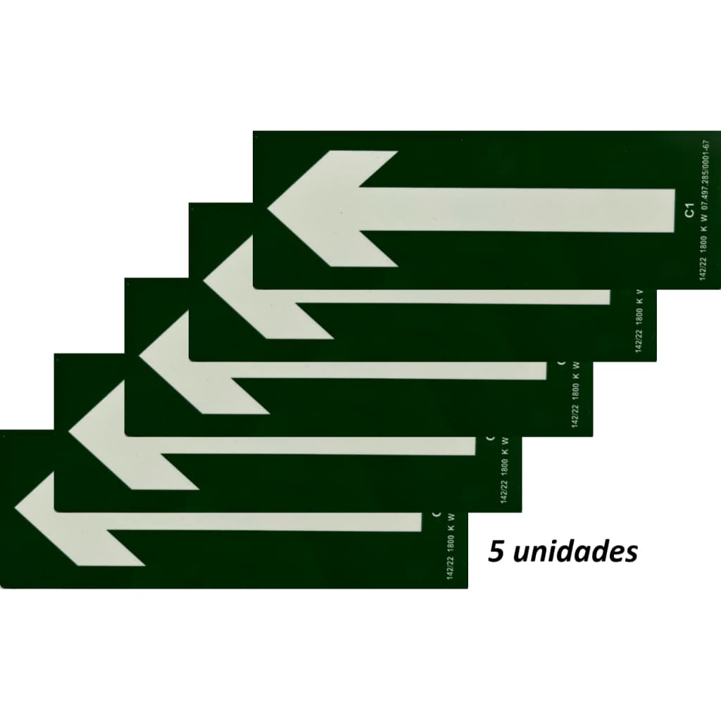 Placa sinalização 5 unidades seta direita/esquerda fotoluminescente PVC 20x7,5