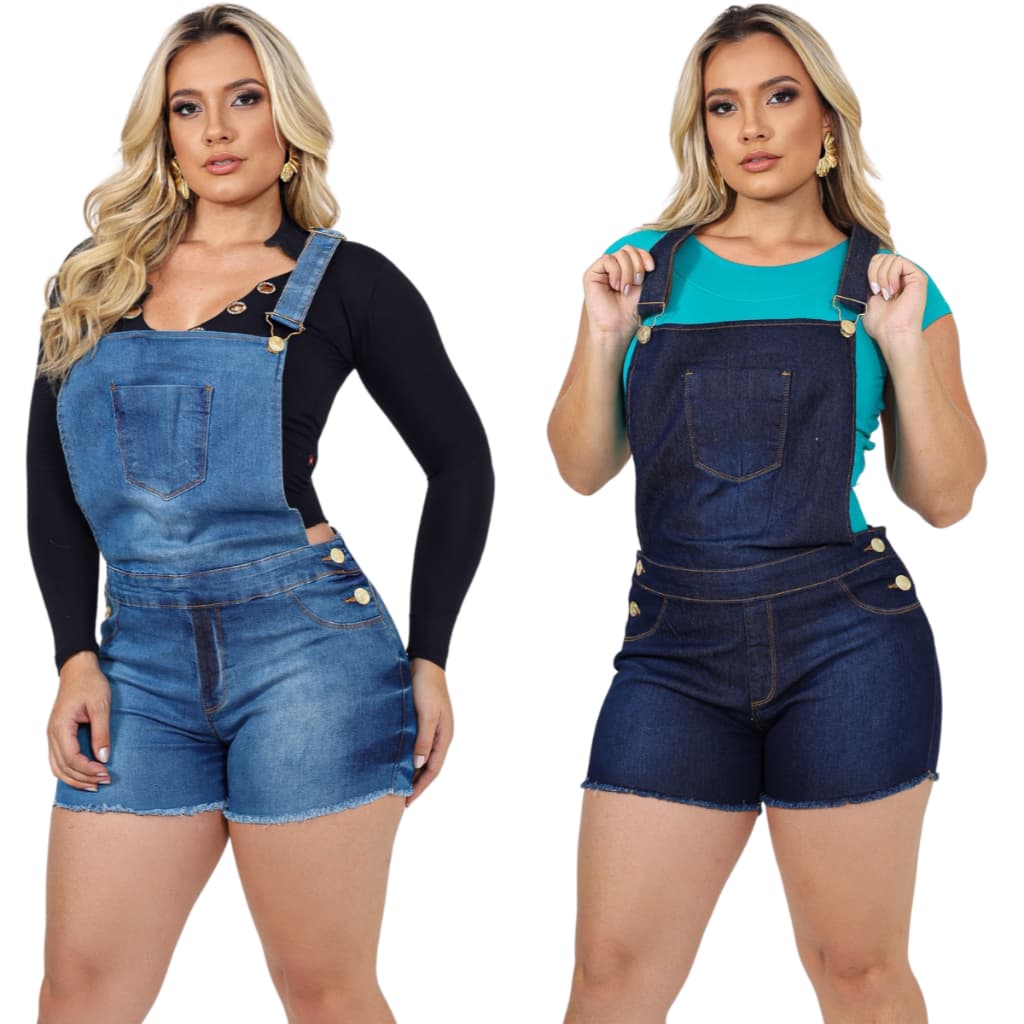 Kit 02 Jardineiras Jeans Shorts Femininas Com Lycra Elastano Veste Bem