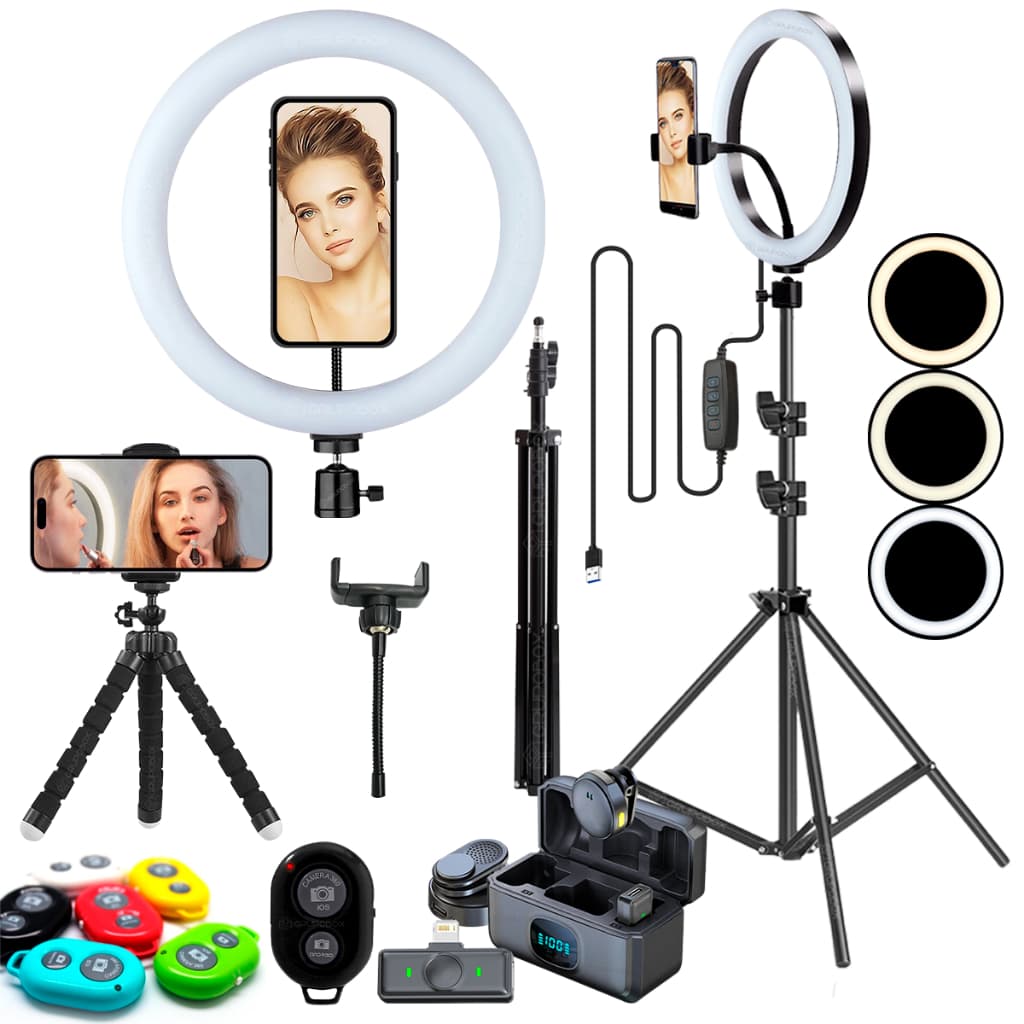 Kit Youtuber Profissional Microfone Duplo Lapela Sem Fio Ring Light 10 Polegadas Articulada