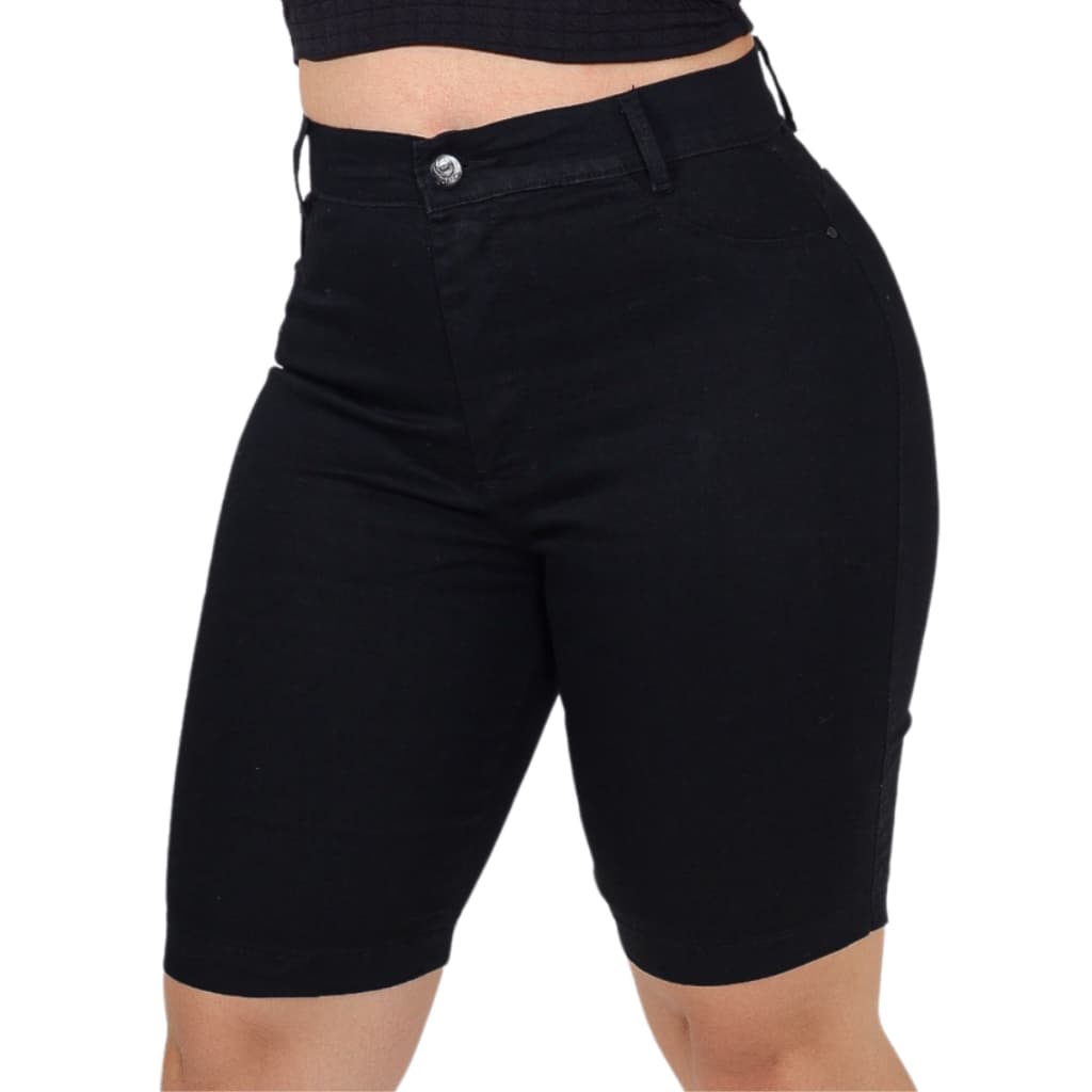 Bermudas Shorts Jeans Feminina Ciclista Até o Joelho Cintura Alta Umbigo Elastano Lycra