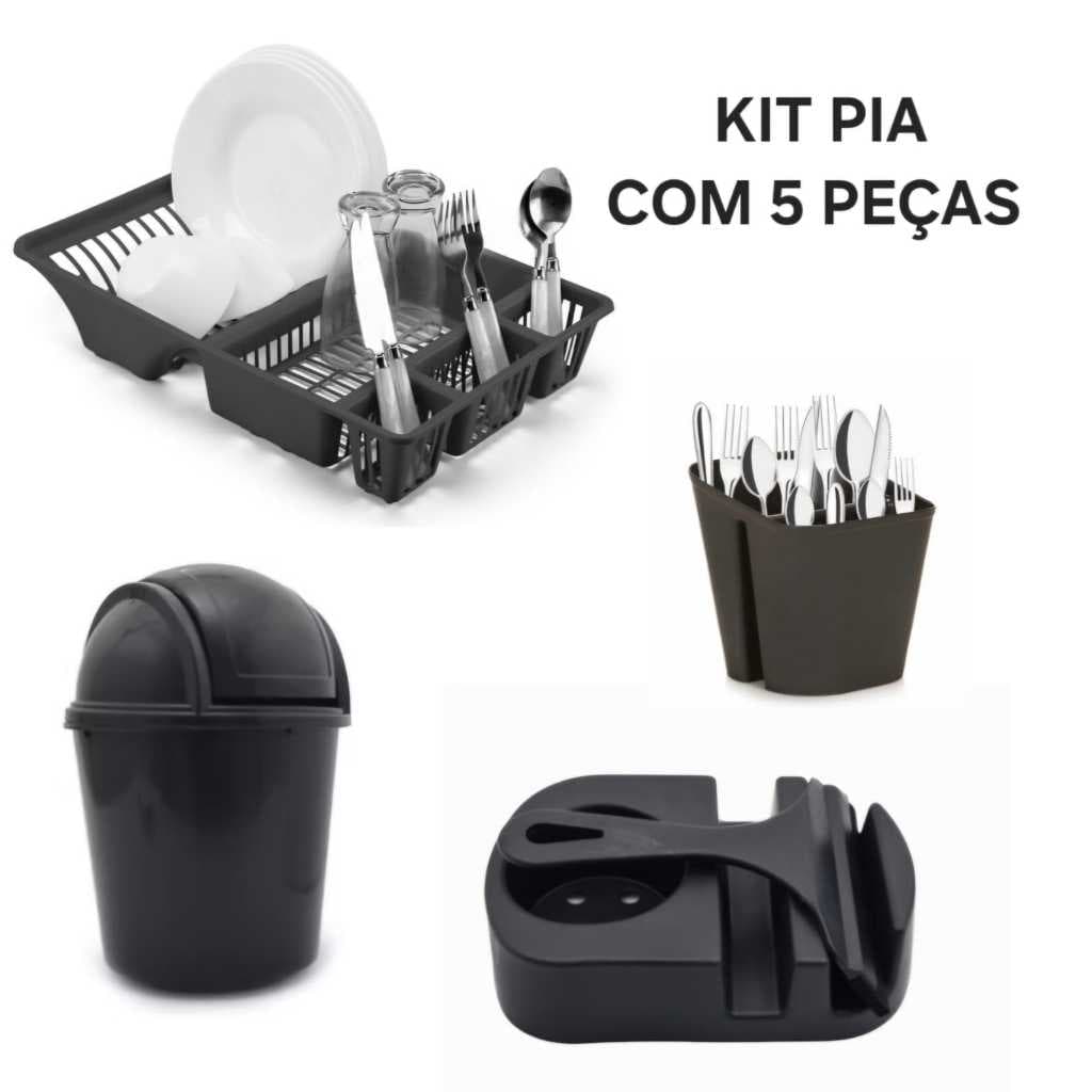 Kit Cozinha 5 Pecas  + Rodinho + Escorredor 2 Divisorias + 1 Lixeira 2,4 Litros + Escorredor Louça + Porta  Detergente