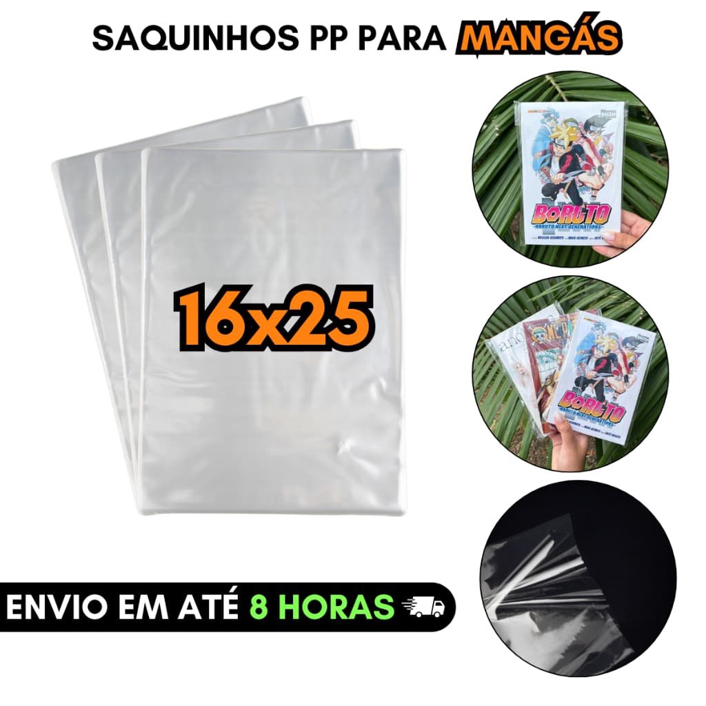 Embalagem Plástica 16x25 Sem Aba 100un Pp Transparente Saquinho Proteção Papelaria Mangás e HQS