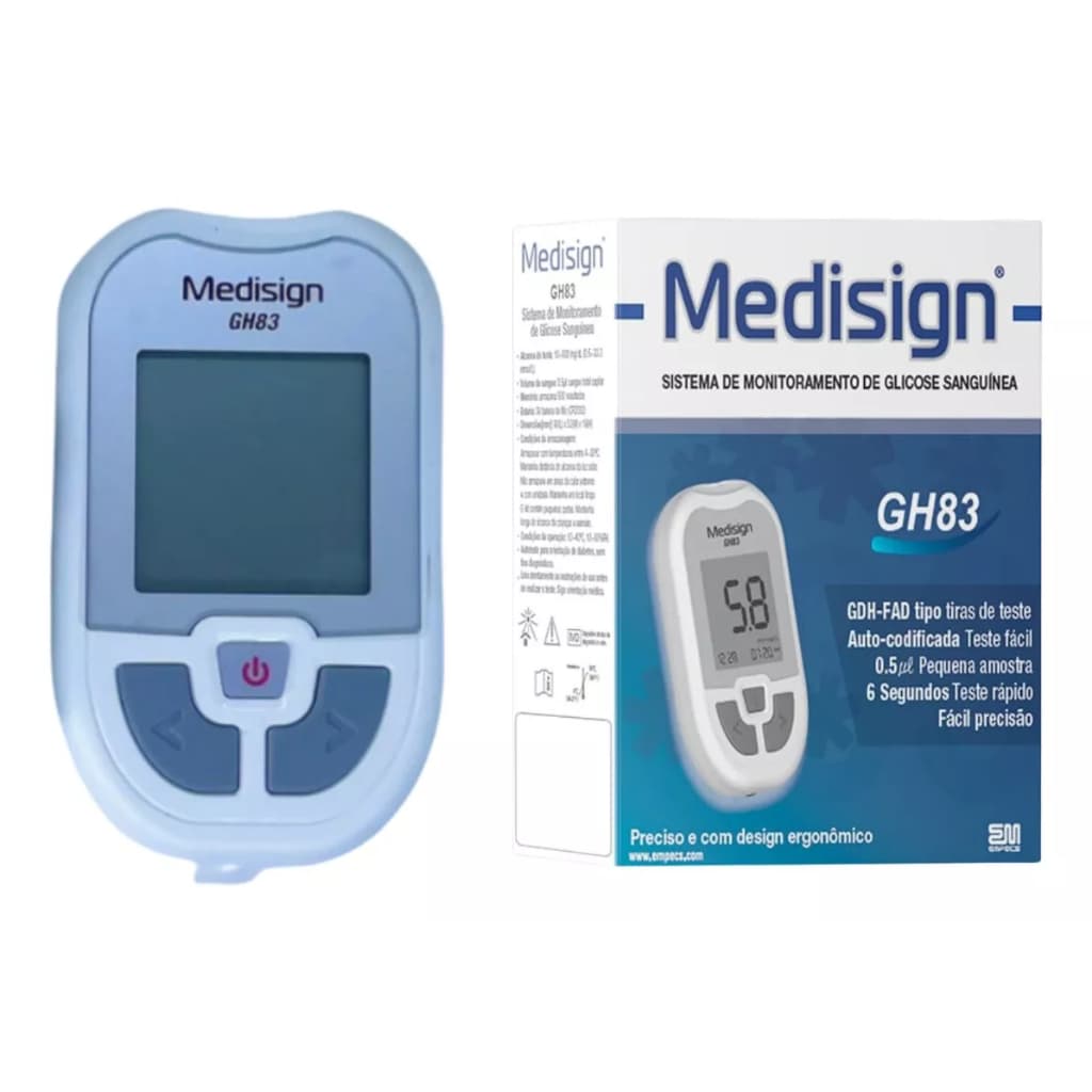 KIT Medidor ou 50 Tiras De Glicemia Diabetes Glicosímetro Medisign Gh83