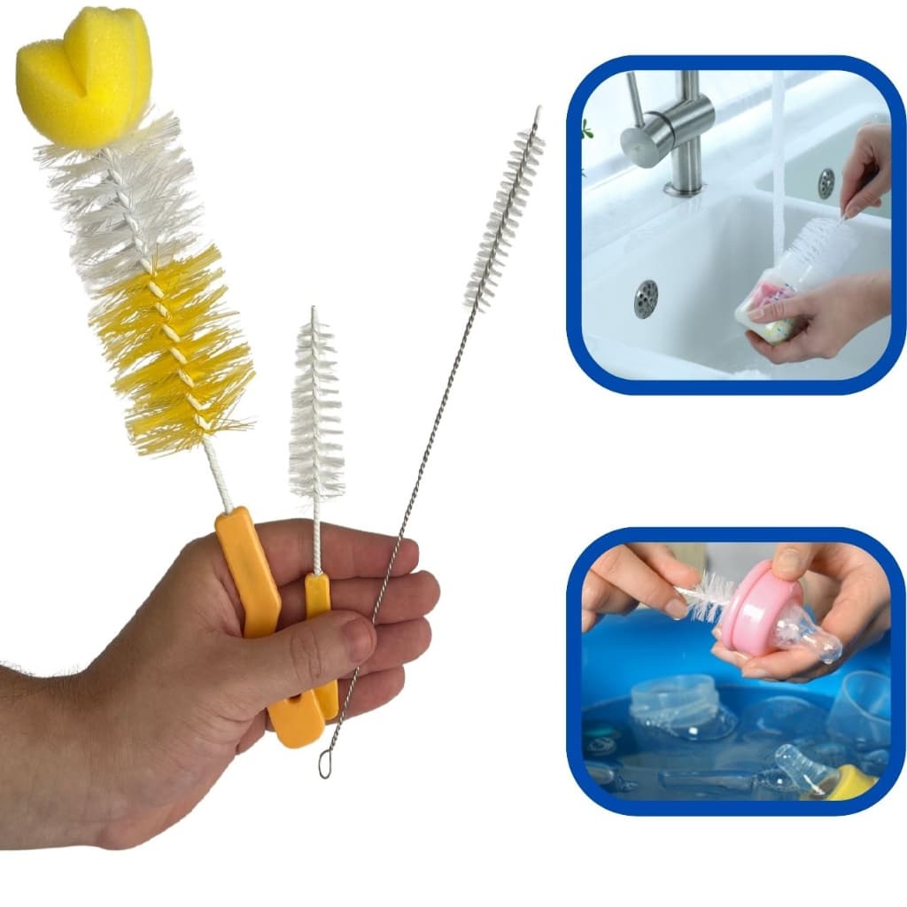 Kit 3 Escovas Para Lavar Louça Garrafa Copo Mamadeira Canudo e Bico Espessuras Fina Média e Grossa