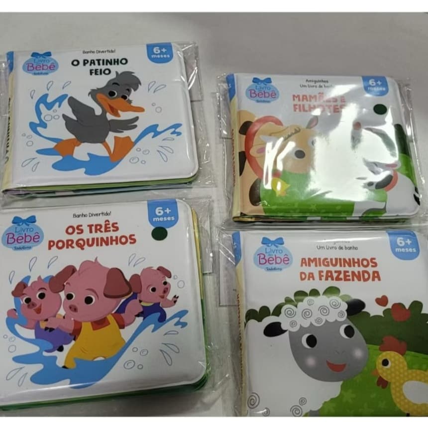 kit com  4 livros de banho amighuinhos da fazenda, Três Porquinhos, Mamães e Filhotes, Patinho Feio