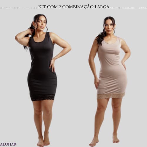 Kit 2 Vestidos Segunda Pele com Renda – Alça Larga, Tipo Combinação, Forro