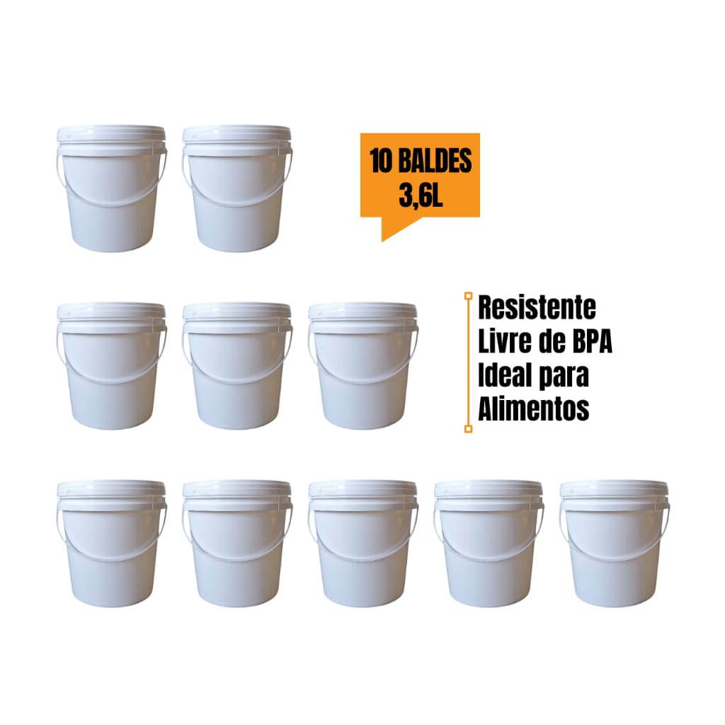 Kit 10 Balde 3,6 Litros com Tampa Hermética e Lacre Pote de Armazenamento de Alimentos Cor Branco e Transparente
