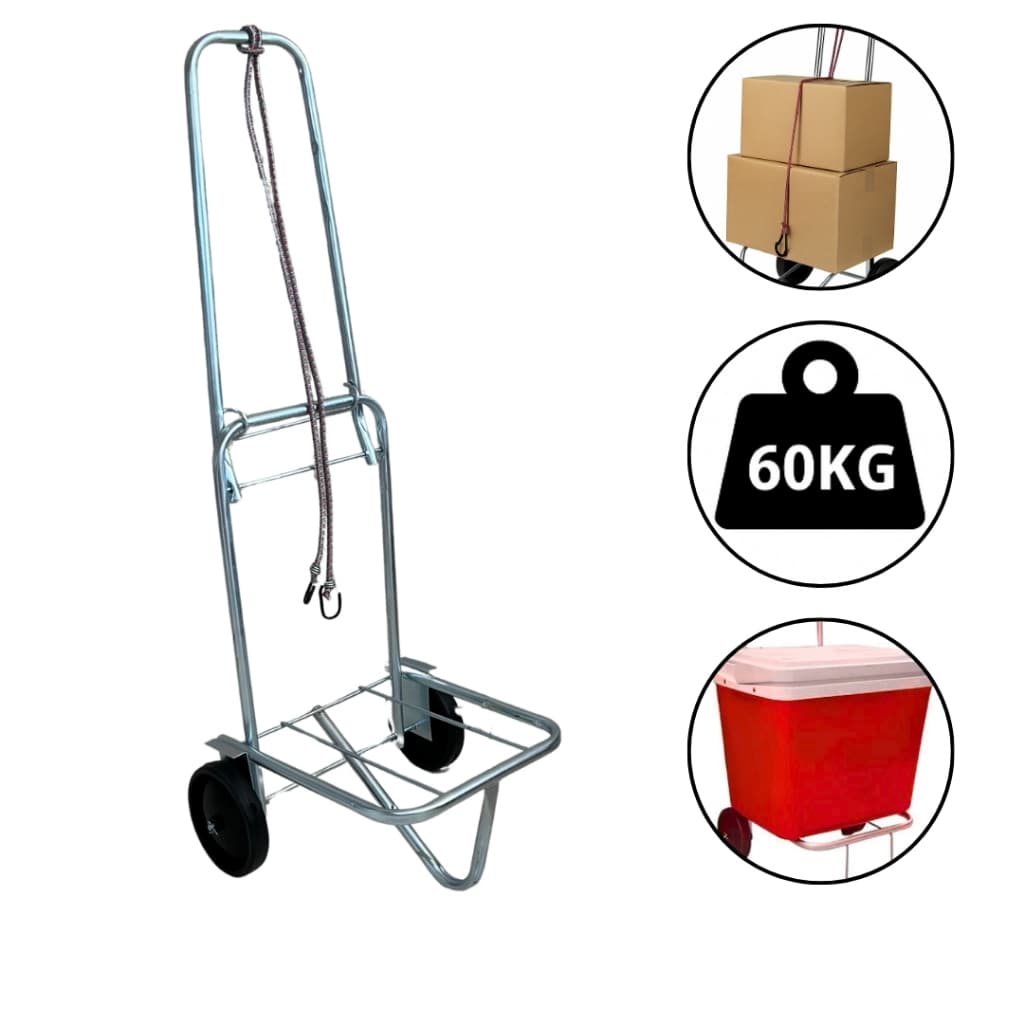 Carrinho de Carga Cooler Caixa Dobrável Plataforma Até 60kg Cromado Carrinho Maleiro Praia Cooler