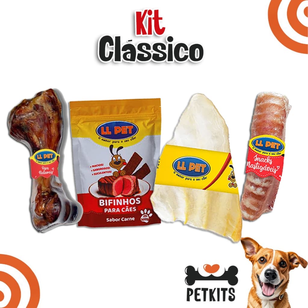 Petisco Natural Mordedor Kit Clássico para Cães(Orelha Bovina, Úmero Suíno, Traqueia Bovina, Bifinho)