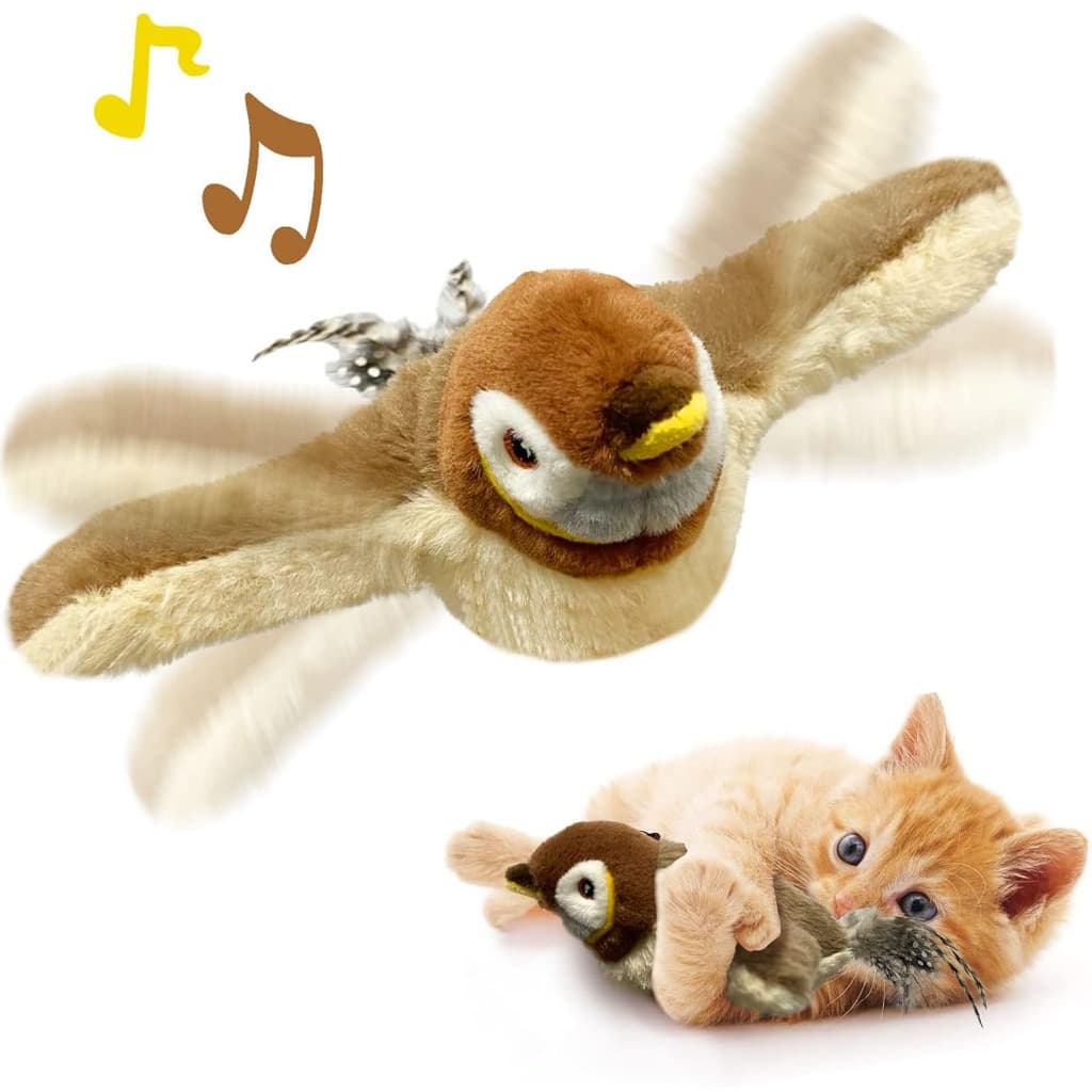 Brinquedo de pelúcia para gatos Flying Bird, brinquedo recarregável com pata cantando e tocando