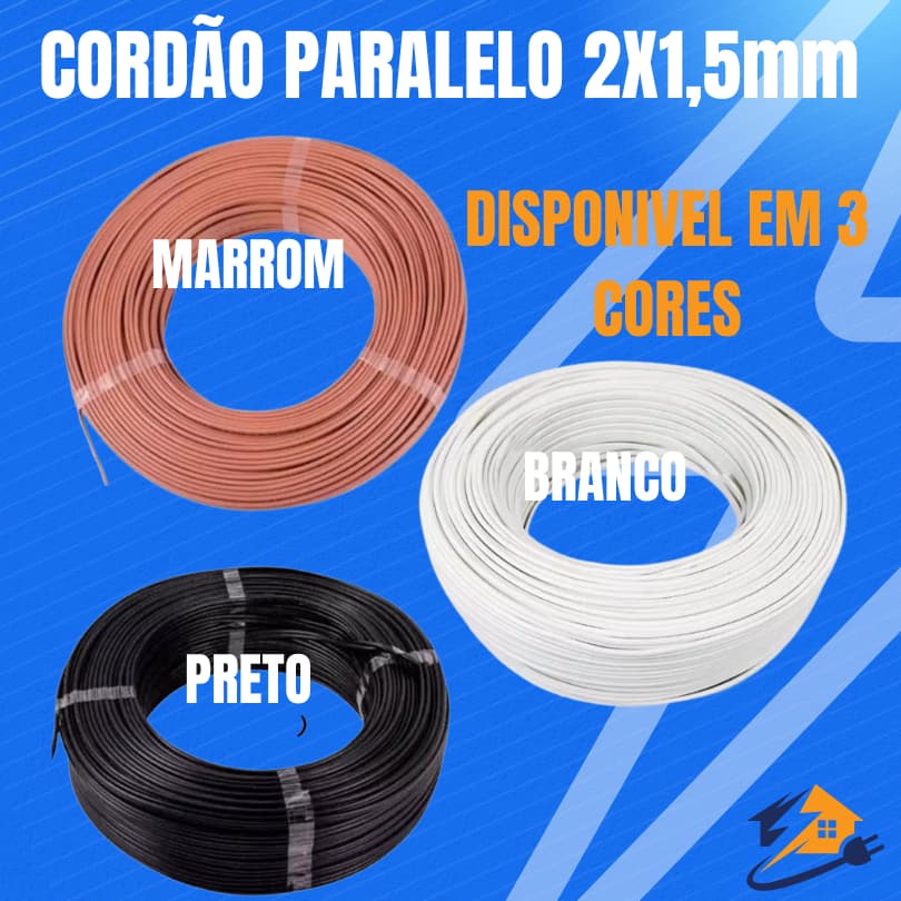 Cordão Paralelo 2x1,5mm (cabo para extensão) Branco Preto e Marrom 10 20 25 ou 30 metros