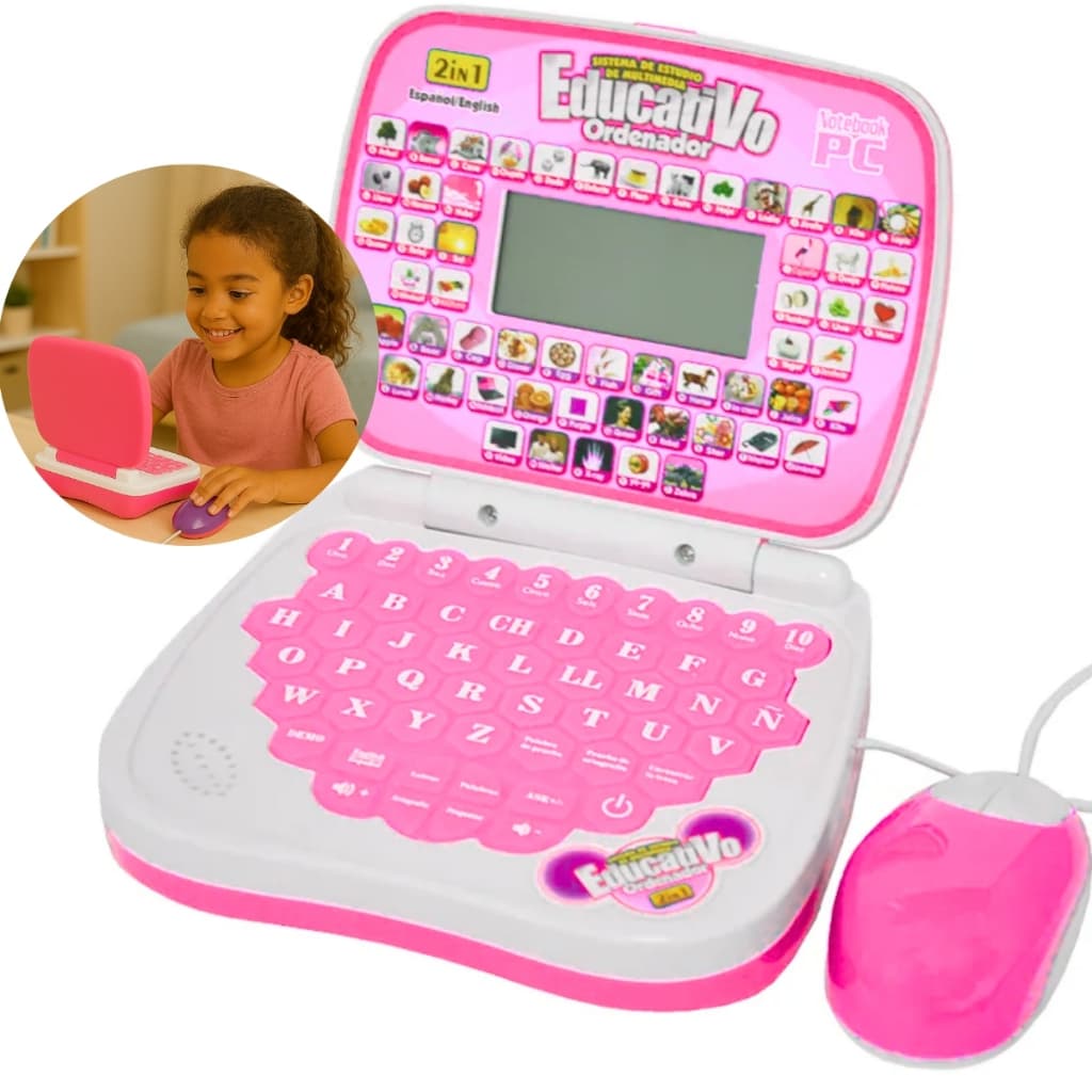Laptop Educativo Infantil Brinquedo Feminino Notebook Computador Com Mouse Ensina Inglês