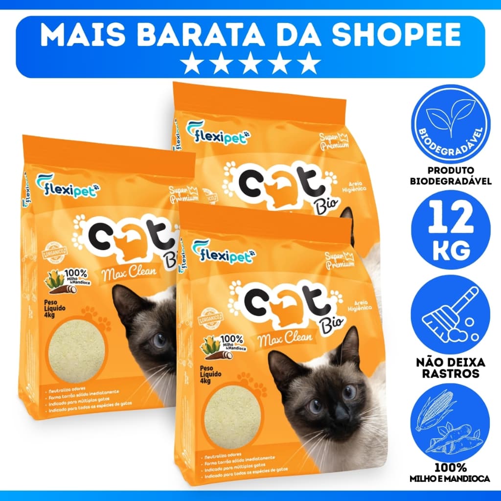 Areia Higiênica Biodegradável Catbio 12 Kg (3 pacotes de 4 kg) - Max Clean - Grãos Finos - Miaucat