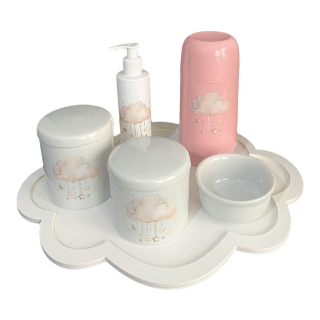 KIT HIGIENE PORCELANA BANDEJA NUVEM DESENHO NUVEM GARRAFA 250ML COMPLETO