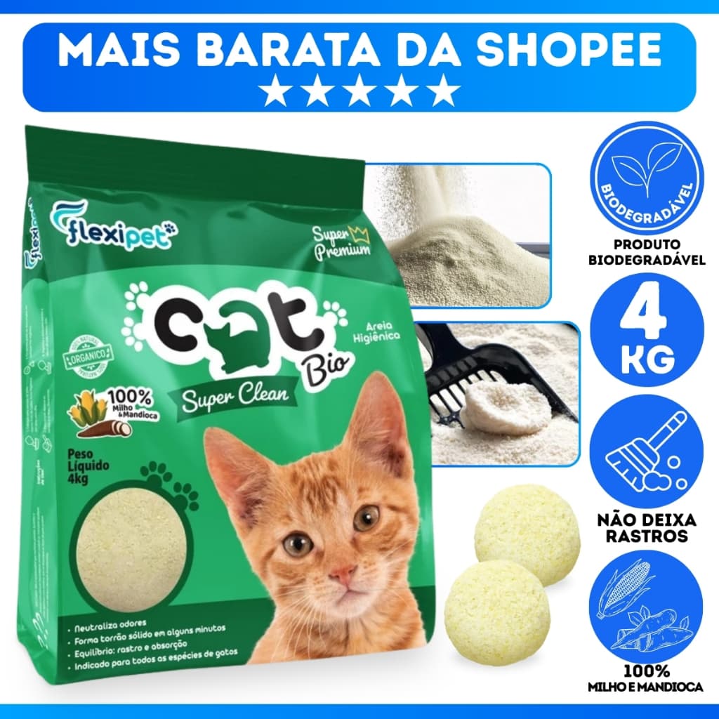 Areia Higiênica Biodegradável Catbio 4 Kg - Super Clean - Grãos Médios - Miaucat