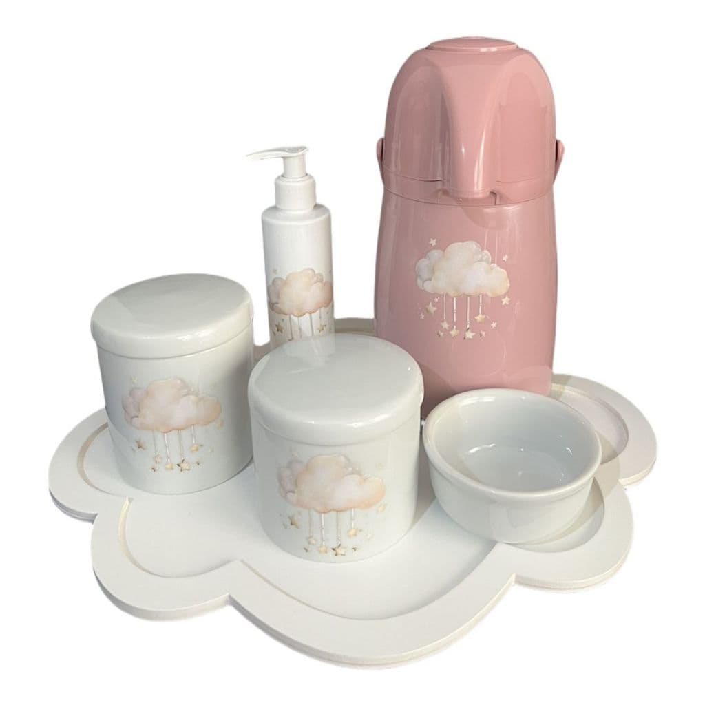 KIT HIGIENE PORCELANA BANDEJA NUVEM DESENHO NUVEM GARRAFA GRANDE COMPLETO