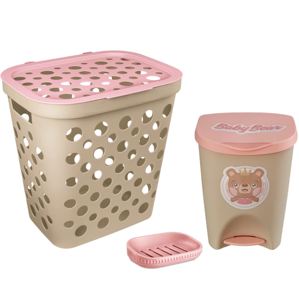 Kit Cesto de Roupa 30L, Lixeira Grande 15L e Saboneteira com Escorredor Para Bebês Menina Linha Baby