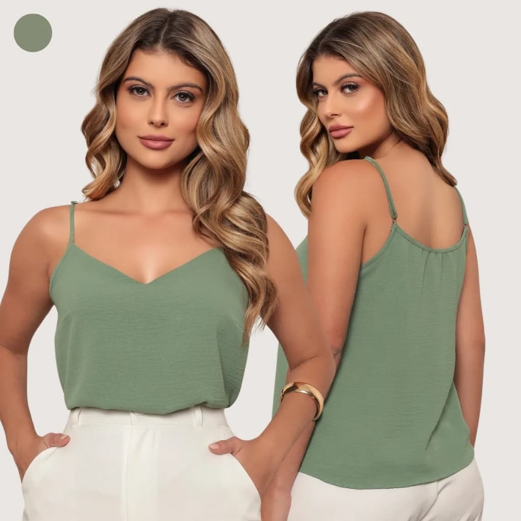 Blusa Regata Feminina Alça Fina Regulável Gola V Tecido Duna Liso Elegante