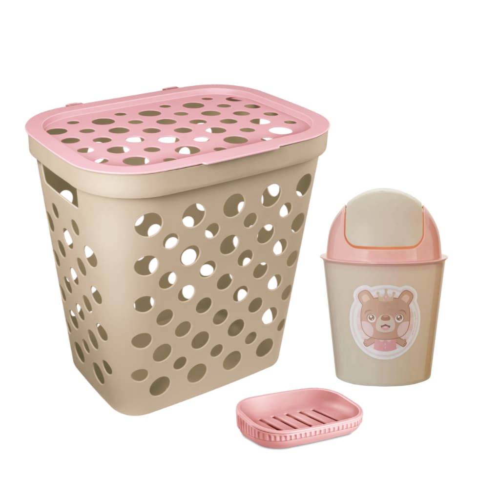 Kit Cesto de Roupa 30L, Lixeira 3L e Saboneteira com Escorredor Para Bebês Menina Linha Baby