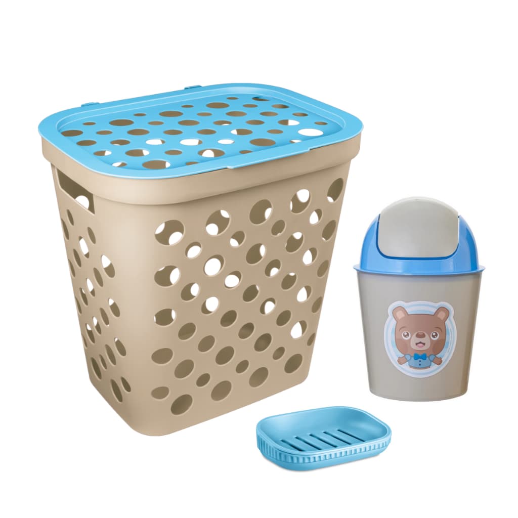 Kit Cesto de Roupa 30L, Lixeira 3L e Saboneteira com Escorredor Para Bebês Menino Linha Baby