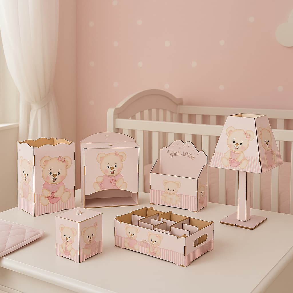 Kit Higiene Bebê rosa 8 Pç Mdf Mult uso adesivado novidade Pronta Entrega promoção