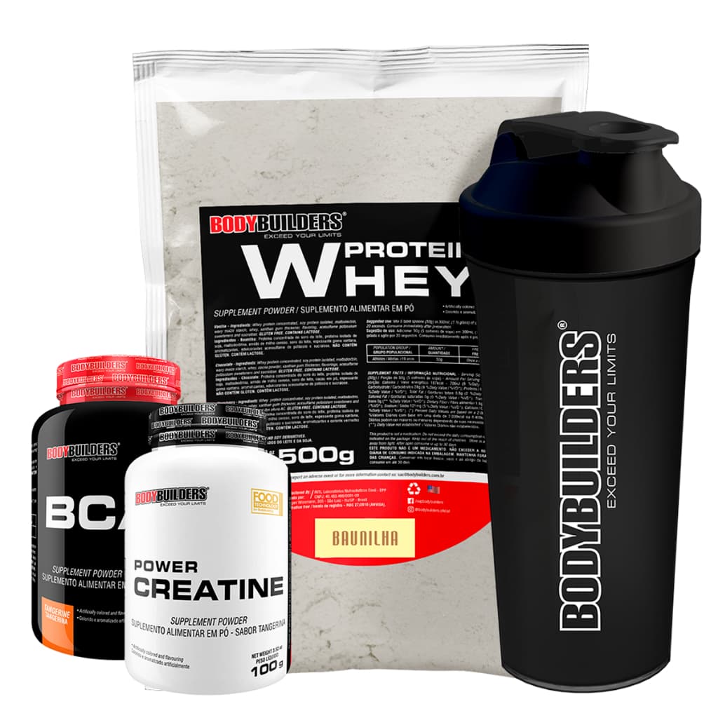 Kit Whey Protein 500g + BCAA 4,5 100g + Creatine 100g + Coqueteleira – Bodybuilders