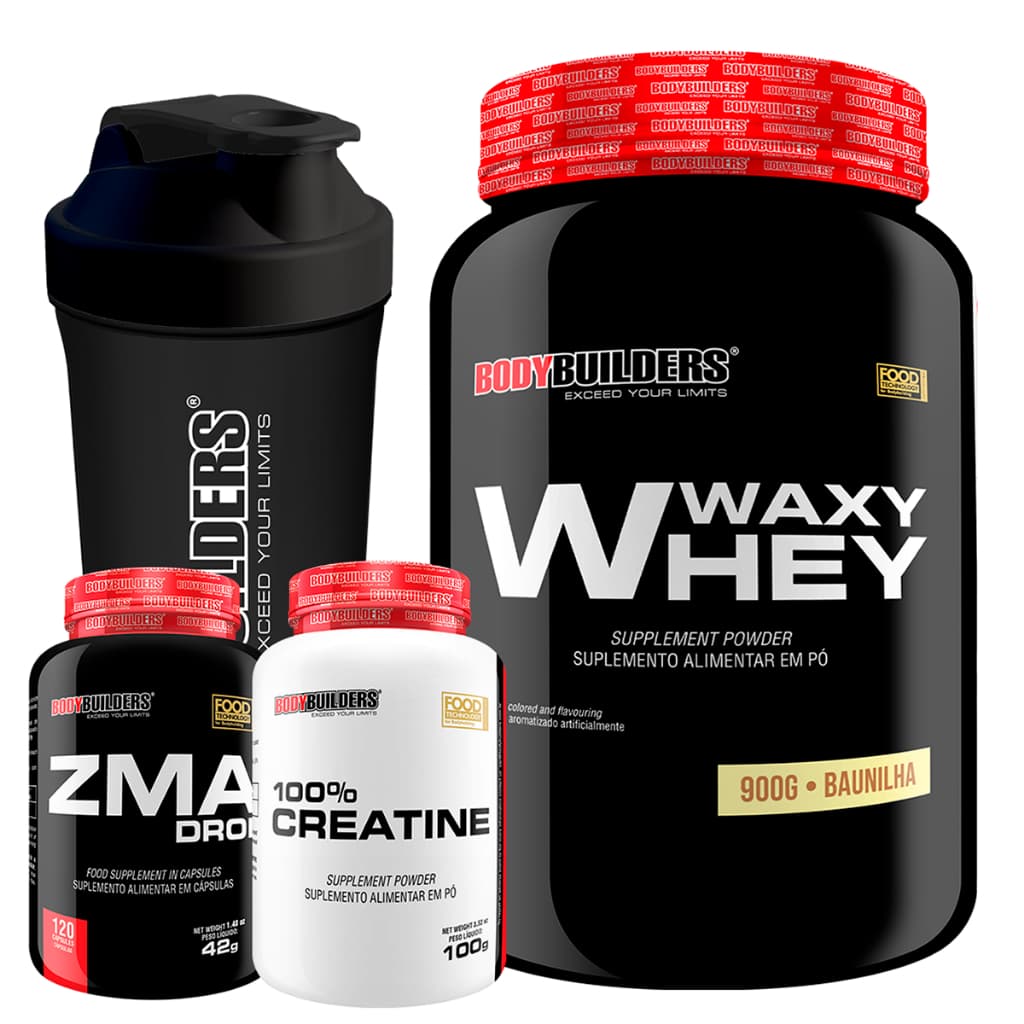 Kit Waxy Whey Protein 900g + ZMA Drol 120 Cápsulas + Creatine 100g + Coqueteleira – Bodybuilders