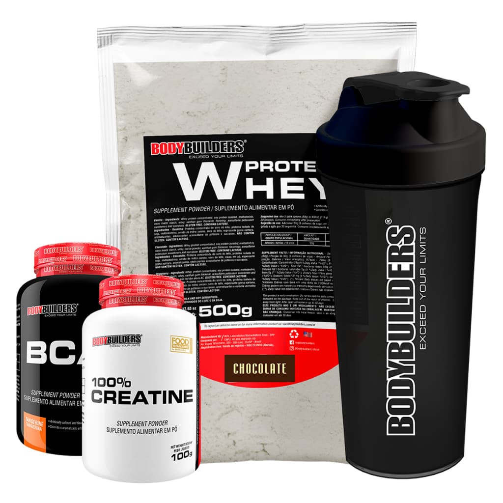 Kit Whey Protein 500g + BCAA 4.5 100g + Creatine 100g + Coqueteleira – Bodybuilders