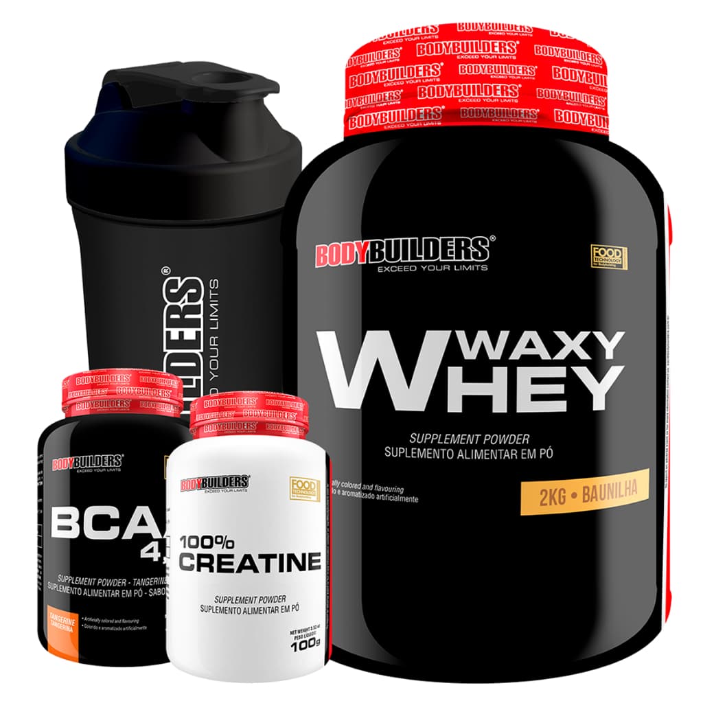 Kit Waxy Whey Protein 2kg + BCAA 4.5 100 gr + Creatina 100g + Coqueteleira – Bodybuilders