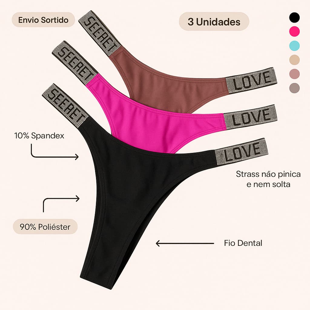 Kit 3 Calcinha Love Strass  Cores Variadas