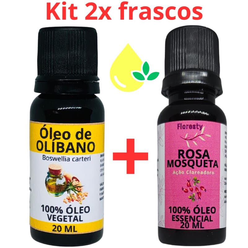 Kit 02 Potes Óleo Clareador de Pele - Olíbano + Rosa Mosqueta - ÓLEO Essencial Puro 20ml cada com Gotejador