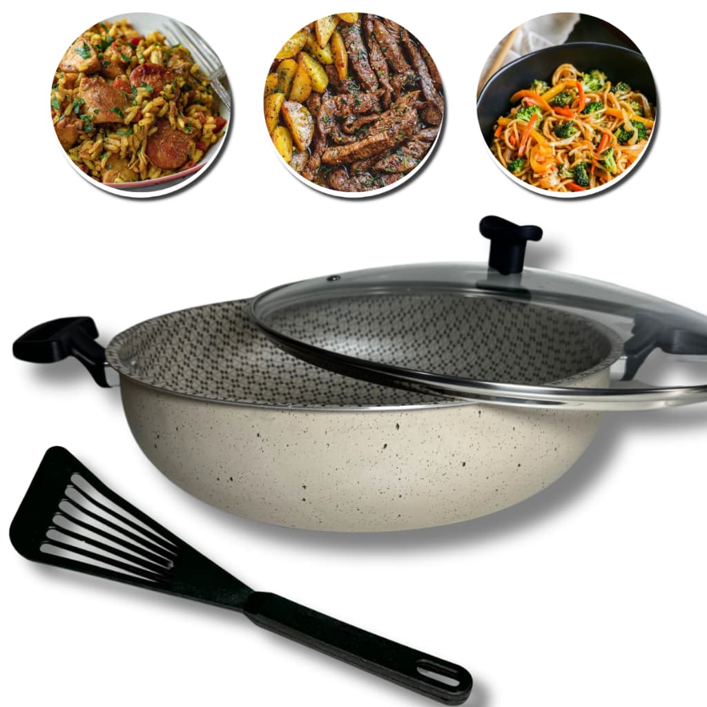 Frigideira WOK,  Tacho  Antiaderente + Tampa de Vidro 30 cm