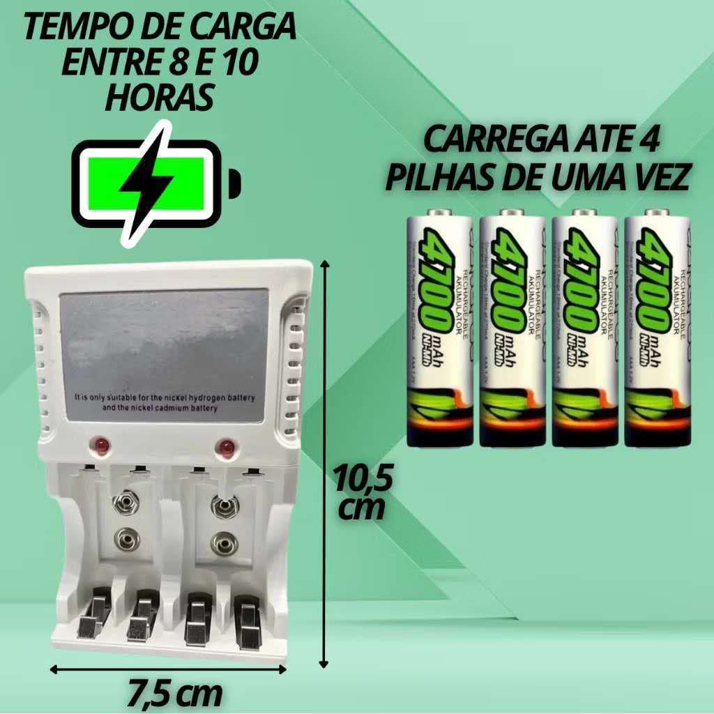 Carregador de Pilha Aa Aaa Bateria 9V Bivolt Recarregável