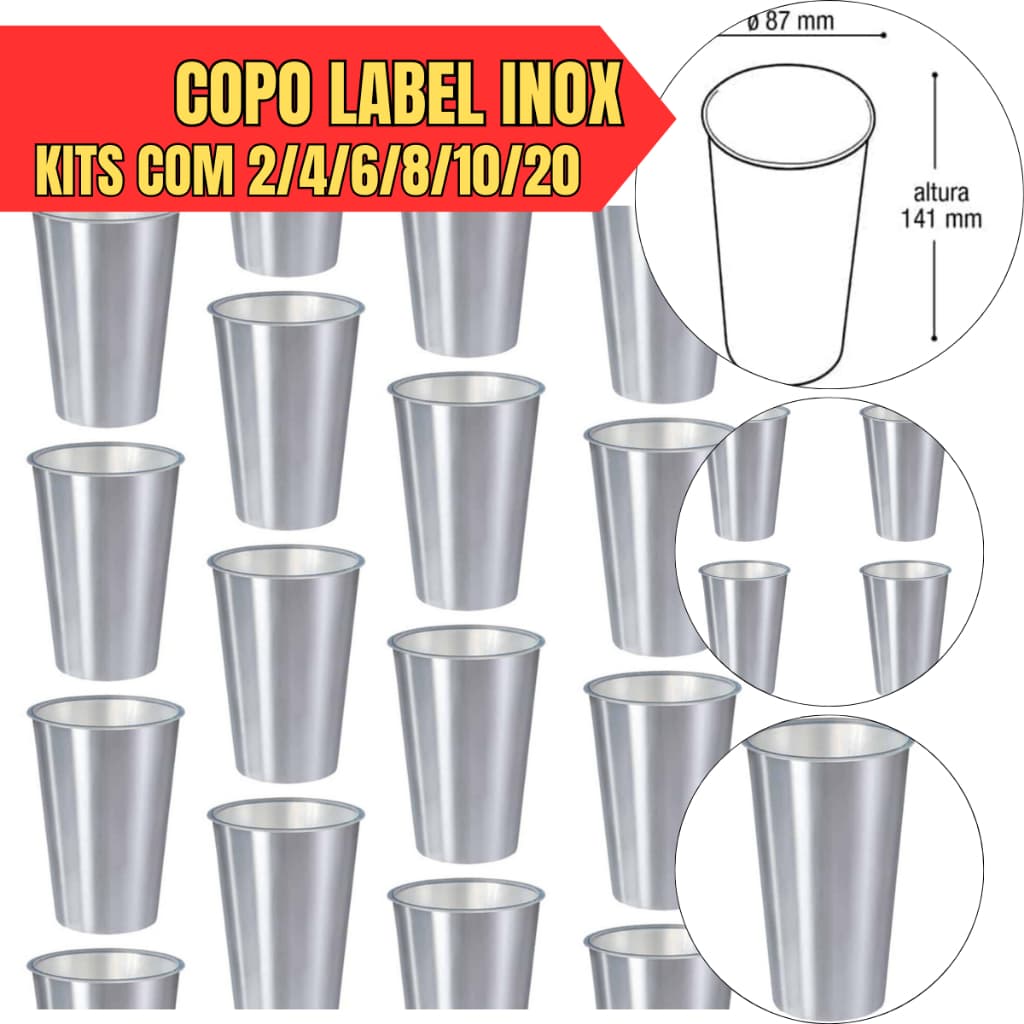 KIT COPO 500 ML adesivo Inox 14x8,5cm Leve Prático Multiuso Para Suco,Água e etc - ESCOLHA A QUANTIDADE.