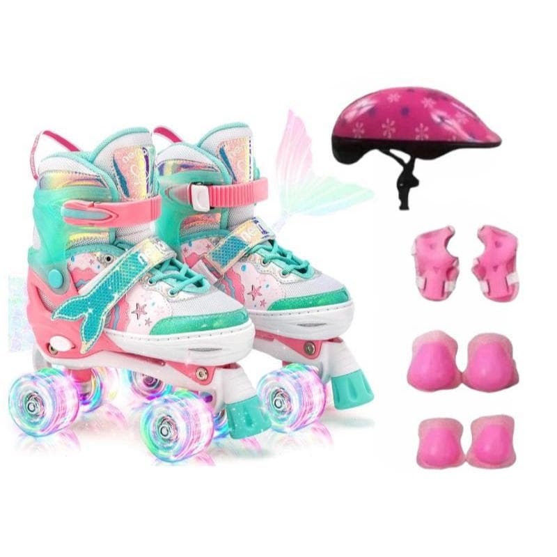 Patins Infantil Sereia Rosa 4 Rodas Ajustável com luz de LED Com e Sem Kit de Segurança