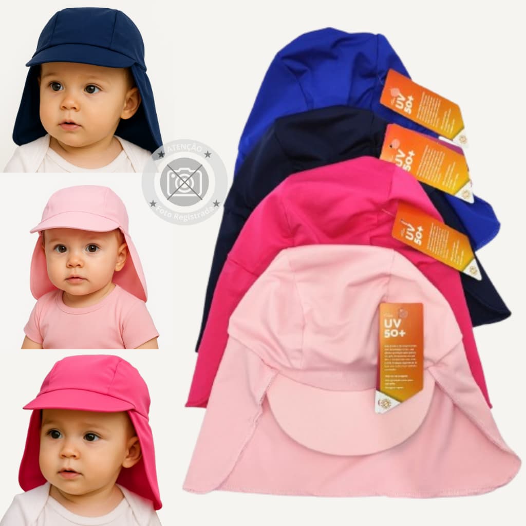 Chapéu Infantil Com Proteção de Pescoço Crianças de 03 a 18 meses Moda Praia Piscina Uv50+ Boné Bebê